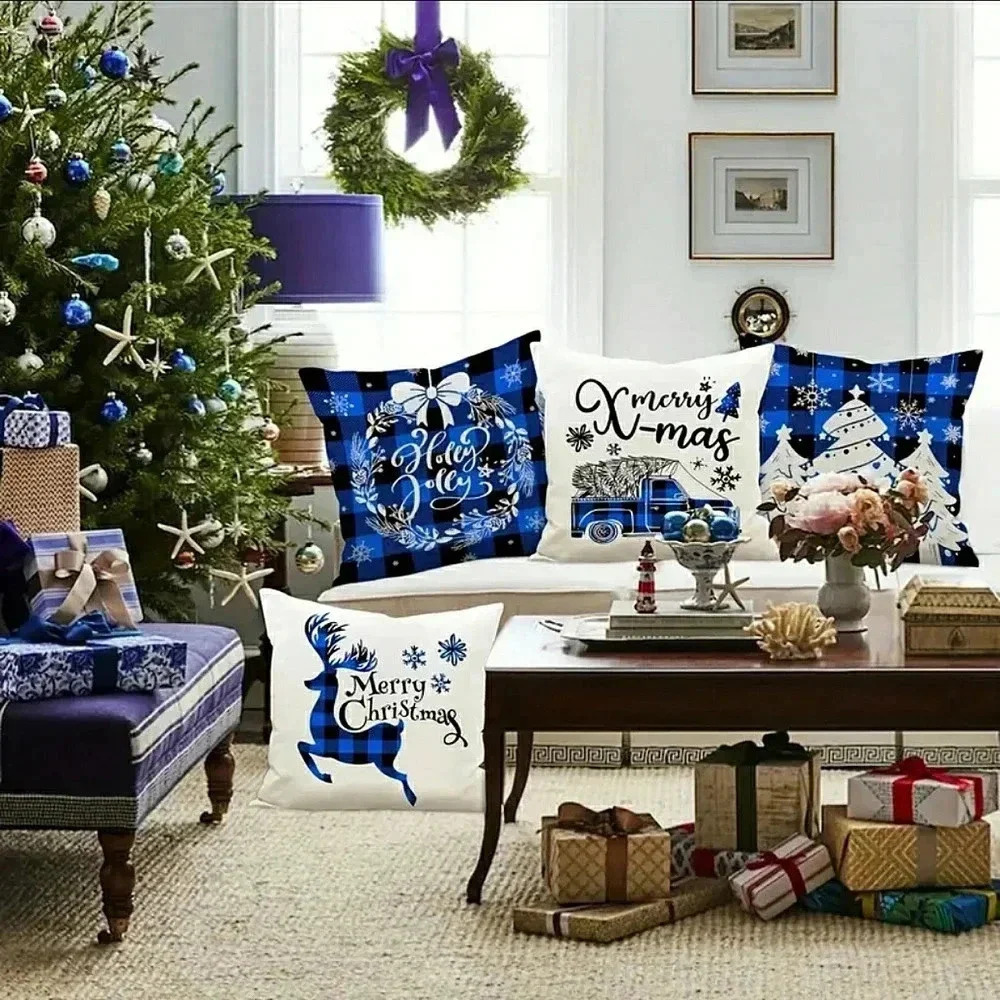 Christmas Set Of 4 Blue Farmhouse Buffalo Plaid Holiday Toss Pillow Covers